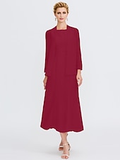 voordelige Met Jas-Strand Bruiloft Twee Delige Sheath Moeder van de Bruid Jurk Bruids Gast Elegante Plus Size Edelsteenhals Thee Lengte Chiffon Mouwloos Wrap Inbegrepen met Ceintuur  Riem Plooien Beading 2025