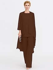 billiga Mammas byxdräkter-Strand Bröllop Jumpsuit/Byxdräkt 3 Delar Mor Till Brud Bröllops Gäst Elegant Plus Size Inkluderat Bateau Hals Golvlängd Chiffon Ärmlös Jacka es med Enfärgade Färger