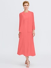 voordelige Met Jas-Strand Bruiloft Twee Delige Sheath Moeder van de Bruid Jurk Bruids Gast Elegante Plus Size Edelsteenhals Thee Lengte Chiffon Mouwloos Wrap Inbegrepen met Ceintuur  Riem Plooien Beading 2025