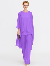 billiga Mammas byxdräkter-Strand Bröllop Jumpsuit/Byxdräkt 3 Delar Mor Till Brud Bröllops Gäst Elegant Plus Size Inkluderat Bateau Hals Golvlängd Chiffon Ärmlös Jacka es med Enfärgade Färger