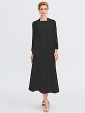 voordelige Met Jas-Strand Bruiloft Twee Delige Sheath Moeder van de Bruid Jurk Bruids Gast Elegante Plus Size Edelsteenhals Thee Lengte Chiffon Mouwloos Wrap Inbegrepen met Ceintuur  Riem Plooien Beading 2025