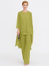 billiga Mammas byxdräkter-Strand Bröllop Jumpsuit/Byxdräkt 3 Delar Mor Till Brud Bröllops Gäst Elegant Plus Size Inkluderat Bateau Hals Golvlängd Chiffon Ärmlös Jacka es med Enfärgade Färger