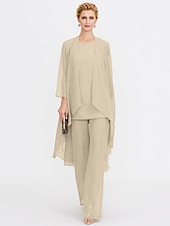 billiga Mammas byxdräkter-Strand Bröllop Jumpsuit/Byxdräkt 3 Delar Mor Till Brud Bröllops Gäst Elegant Plus Size Inkluderat Bateau Hals Golvlängd Chiffon Ärmlös Jacka es med Enfärgade Färger