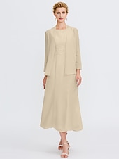 voordelige Met Jas-Strand Bruiloft Twee Delige Sheath Moeder van de Bruid Jurk Bruids Gast Elegante Plus Size Edelsteenhals Thee Lengte Chiffon Mouwloos Wrap Inbegrepen met Ceintuur  Riem Plooien Beading 2025