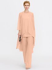 billiga Mammas byxdräkter-Strand Bröllop Jumpsuit/Byxdräkt 3 Delar Mor Till Brud Bröllops Gäst Elegant Plus Size Inkluderat Bateau Hals Golvlängd Chiffon Ärmlös Jacka es med Enfärgade Färger