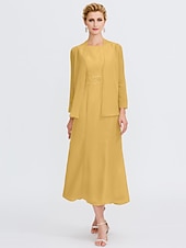 voordelige Met Jas-Strand Bruiloft Twee Delige Sheath Moeder van de Bruid Jurk Bruids Gast Elegante Plus Size Edelsteenhals Thee Lengte Chiffon Mouwloos Wrap Inbegrepen met Ceintuur  Riem Plooien Beading 2025