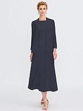 voordelige Met Jas-Strand Bruiloft Twee Delige Sheath Moeder van de Bruid Jurk Bruids Gast Elegante Plus Size Edelsteenhals Thee Lengte Chiffon Mouwloos Wrap Inbegrepen met Ceintuur  Riem Plooien Beading 2025