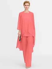 billiga Mammas byxdräkter-Strand Bröllop Jumpsuit/Byxdräkt 3 Delar Mor Till Brud Bröllops Gäst Elegant Plus Size Inkluderat Bateau Hals Golvlängd Chiffon Ärmlös Jacka es med Enfärgade Färger