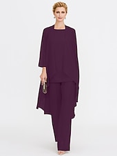 billiga Mammas byxdräkter-Strand Bröllop Jumpsuit/Byxdräkt 3 Delar Mor Till Brud Bröllops Gäst Elegant Plus Size Inkluderat Bateau Hals Golvlängd Chiffon Ärmlös Jacka es med Enfärgade Färger