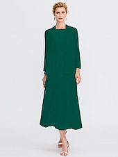 voordelige Met Jas-Strand Bruiloft Twee Delige Sheath Moeder van de Bruid Jurk Bruids Gast Elegante Plus Size Edelsteenhals Thee Lengte Chiffon Mouwloos Wrap Inbegrepen met Ceintuur  Riem Plooien Beading 2025