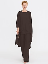 billiga Mammas byxdräkter-Strand Bröllop Jumpsuit/Byxdräkt 3 Delar Mor Till Brud Bröllops Gäst Elegant Plus Size Inkluderat Bateau Hals Golvlängd Chiffon Ärmlös Jacka es med Enfärgade Färger