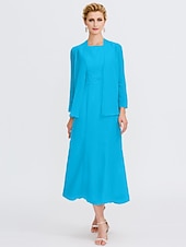 voordelige Met Jas-Strand Bruiloft Twee Delige Sheath Moeder van de Bruid Jurk Bruids Gast Elegante Plus Size Edelsteenhals Thee Lengte Chiffon Mouwloos Wrap Inbegrepen met Ceintuur  Riem Plooien Beading 2025