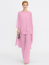 billiga Mammas byxdräkter-Strand Bröllop Jumpsuit/Byxdräkt 3 Delar Mor Till Brud Bröllops Gäst Elegant Plus Size Inkluderat Bateau Hals Golvlängd Chiffon Ärmlös Jacka es med Enfärgade Färger