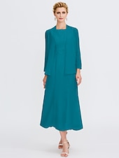 voordelige Met Jas-Strand Bruiloft Twee Delige Sheath Moeder van de Bruid Jurk Bruids Gast Elegante Plus Size Edelsteenhals Thee Lengte Chiffon Mouwloos Wrap Inbegrepen met Ceintuur  Riem Plooien Beading 2025