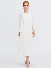 voordelige Met Jas-Strand Bruiloft Twee Delige Sheath Moeder van de Bruid Jurk Bruids Gast Elegante Plus Size Edelsteenhals Thee Lengte Chiffon Mouwloos Wrap Inbegrepen met Ceintuur  Riem Plooien Beading 2025