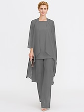 billiga Mammas byxdräkter-Strand Bröllop Jumpsuit/Byxdräkt 3 Delar Mor Till Brud Bröllops Gäst Elegant Plus Size Inkluderat Bateau Hals Golvlängd Chiffon Ärmlös Jacka es med Enfärgade Färger