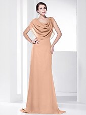 economico Matrimoni e cerimonie-A tubino Elegante Vestito Invitati del matrimonio Serata formale Strascico a terra Senza maniche Girocollo Chiffon Shiena scoperta con Drappeggio 2023