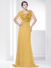 economico Matrimoni e cerimonie-A tubino Elegante Vestito Invitati del matrimonio Serata formale Strascico a terra Senza maniche Girocollo Chiffon Shiena scoperta con Drappeggio 2023