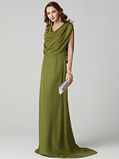 economico Matrimoni e cerimonie-A tubino Elegante Vestito Invitati del matrimonio Serata formale Strascico a terra Senza maniche Girocollo Chiffon Shiena scoperta con Drappeggio 2023