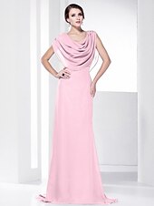 economico Matrimoni e cerimonie-A tubino Elegante Vestito Invitati del matrimonio Serata formale Strascico a terra Senza maniche Girocollo Chiffon Shiena scoperta con Drappeggio 2023