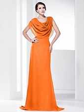 economico Matrimoni e cerimonie-A tubino Elegante Vestito Invitati del matrimonio Serata formale Strascico a terra Senza maniche Girocollo Chiffon Shiena scoperta con Drappeggio 2023