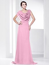 economico Matrimoni e cerimonie-A tubino Elegante Vestito Invitati del matrimonio Serata formale Strascico a terra Senza maniche Girocollo Chiffon Shiena scoperta con Drappeggio 2023