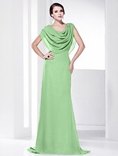 economico Matrimoni e cerimonie-A tubino Elegante Vestito Invitati del matrimonio Serata formale Strascico a terra Senza maniche Girocollo Chiffon Shiena scoperta con Drappeggio 2023