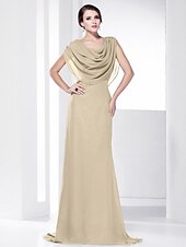 economico Matrimoni e cerimonie-A tubino Elegante Vestito Invitati del matrimonio Serata formale Strascico a terra Senza maniche Girocollo Chiffon Shiena scoperta con Drappeggio 2023