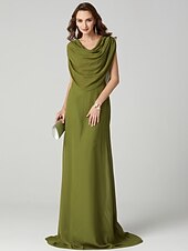 economico Matrimoni e cerimonie-A tubino Elegante Vestito Invitati del matrimonio Serata formale Strascico a terra Senza maniche Girocollo Chiffon Shiena scoperta con Drappeggio 2023