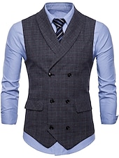 cheap Men&#039;s Vest-Men&#039;s Vest Waistcoat Business Wedding Party Active Smart Casual Spring Fall Polyester Plaid Double Breasted Shirt Collar Slim Brown Light Grey Dark Gray Vest