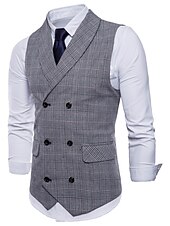 cheap Men&#039;s Vest-Men&#039;s Vest Waistcoat Business Wedding Party Active Smart Casual Spring Fall Polyester Plaid Double Breasted Shirt Collar Slim Brown Light Grey Dark Gray Vest