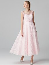 baratos Vestidos Baile Formatura-Linha A Vestidos de baile Floral Vestido Convidado do casamento Festa de Noite Até o Tornozelo Manga Curta Ilusão Decote Renda Zíper com Apliques 2024
