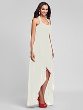 זול שמלות שושבינה-נשף / גזרת A קולר א-סימטרי / עד הריצפה שיפון שמלה לשושבינה  עם בד בהצלבה / תד נשפך