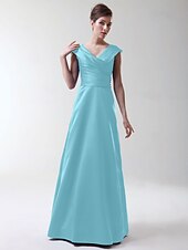 cheap Bridesmaid Dresses-Princess / A-Line V Neck Floor Length Stretch Satin Bridesmaid Dress with Criss Cross