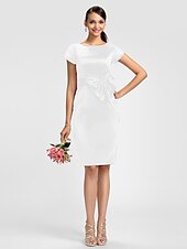 cheap Bridesmaid Dresses-Sheath / Column Bridesmaid Dress Jewel Neck Short Sleeve Knee Length Satin with Sash / Ribbon / Bow(s)