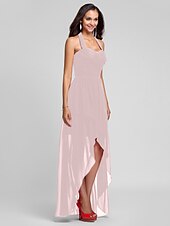 זול שמלות שושבינה-נשף / גזרת A קולר א-סימטרי / עד הריצפה שיפון שמלה לשושבינה  עם בד בהצלבה / תד נשפך