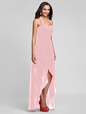 זול שמלות שושבינה-נשף / גזרת A קולר א-סימטרי / עד הריצפה שיפון שמלה לשושבינה  עם בד בהצלבה / תד נשפך