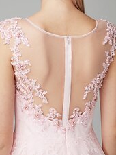 baratos Vestidos Baile Formatura-Linha A Vestidos de baile Floral Vestido Convidado do casamento Festa de Noite Até o Tornozelo Manga Curta Ilusão Decote Renda Zíper com Apliques 2024