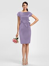 cheap Bridesmaid Dresses-Sheath / Column Bridesmaid Dress Jewel Neck Short Sleeve Knee Length Satin with Sash / Ribbon / Bow(s)