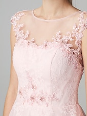 baratos Vestidos Baile Formatura-Linha A Vestidos de baile Floral Vestido Convidado do casamento Festa de Noite Até o Tornozelo Manga Curta Ilusão Decote Renda Zíper com Apliques 2024