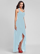 זול שמלות שושבינה-נשף / גזרת A קולר א-סימטרי / עד הריצפה שיפון שמלה לשושבינה  עם בד בהצלבה / תד נשפך