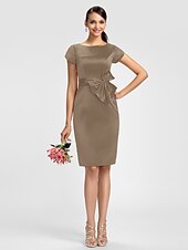 cheap Bridesmaid Dresses-Sheath / Column Bridesmaid Dress Jewel Neck Short Sleeve Knee Length Satin with Sash / Ribbon / Bow(s)