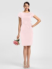 cheap Bridesmaid Dresses-Sheath / Column Bridesmaid Dress Jewel Neck Short Sleeve Knee Length Satin with Sash / Ribbon / Bow(s)