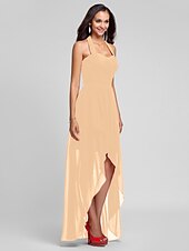 זול שמלות שושבינה-נשף / גזרת A קולר א-סימטרי / עד הריצפה שיפון שמלה לשושבינה  עם בד בהצלבה / תד נשפך