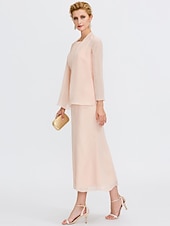 voordelige Met Jas-Strand Bruiloft Twee Delige Sheath Moeder van de Bruid Jurk Bruids Gast Elegante Plus Size Edelsteenhals Thee Lengte Chiffon Mouwloos Wrap Inbegrepen met Ceintuur  Riem Plooien Beading 2025