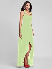 זול שמלות שושבינה-נשף / גזרת A קולר א-סימטרי / עד הריצפה שיפון שמלה לשושבינה  עם בד בהצלבה / תד נשפך