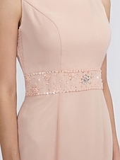 voordelige Met Jas-Strand Bruiloft Twee Delige Sheath Moeder van de Bruid Jurk Bruids Gast Elegante Plus Size Edelsteenhals Thee Lengte Chiffon Mouwloos Wrap Inbegrepen met Ceintuur  Riem Plooien Beading 2025