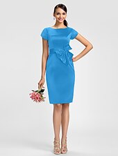 cheap Bridesmaid Dresses-Sheath / Column Bridesmaid Dress Jewel Neck Short Sleeve Knee Length Satin with Sash / Ribbon / Bow(s)