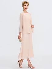 voordelige Met Jas-Strand Bruiloft Twee Delige Sheath Moeder van de Bruid Jurk Bruids Gast Elegante Plus Size Edelsteenhals Thee Lengte Chiffon Mouwloos Wrap Inbegrepen met Ceintuur  Riem Plooien Beading 2025