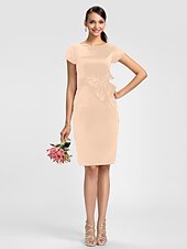 cheap Bridesmaid Dresses-Sheath / Column Bridesmaid Dress Jewel Neck Short Sleeve Knee Length Satin with Sash / Ribbon / Bow(s)